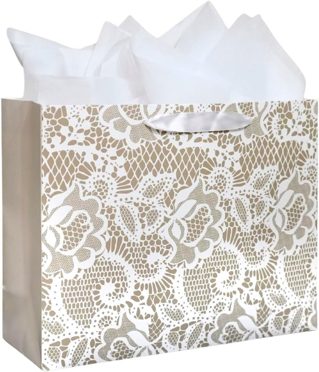 Gift Bag - Lace Patterned Large 13" Gift Bag with Tissue Paper, Elegant Gift Bag with Ribbon Handles for Weddings, Birthdays, Mother's Day, & Special Occasions. (White)